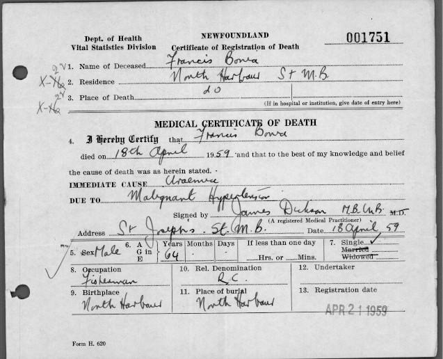 Francis Bonia 1959 Death Certificate